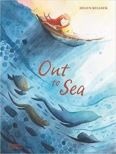 Watercolour illustration of a girl in a boat and sea creatures
